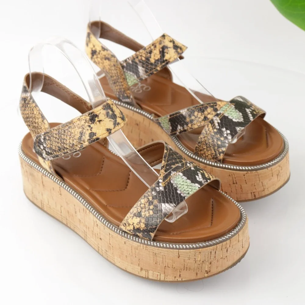 Franco Sarto Womens Ozio Sandals Size 8.5 Brown Snake Cork Wedge Platform Shoes